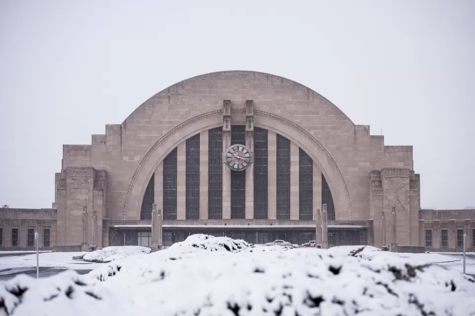 View of snowy Union Station building in Cincinnati, Ohio